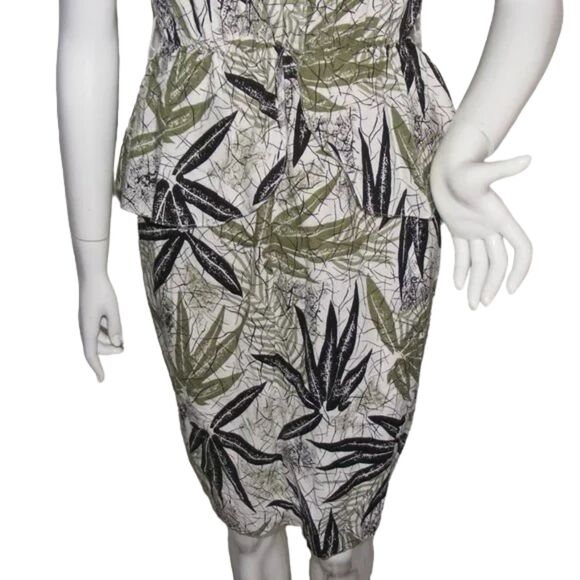 Vintage Dress, XS, Leaf Print, Peplum, Cotton, Off-white/Green, Buttoned top - Picture 5 of 13